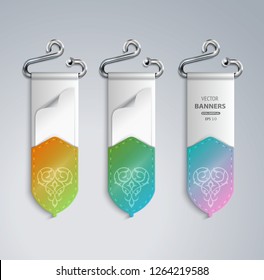 Set of 3d colorful hanging tags on steel hooks, flroal design tags 