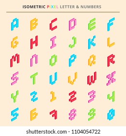 Set of 3D colorful isometric pixel art alphabet and number typeface. vector typography design.