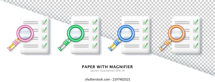 Set of 3d colorful magnifying glasses and white paper sheets with green check marks and text (to do list). Cartoon vector magnifier, loupe, zoom tool with checklist, reminder, questionnaire collection