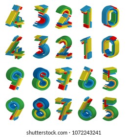 Set of 3D Colorful Numbers. 0, 1, 2, 3, 4, 5, 6, 7, 8, 9 numeral alphabet. Vector Isolated Number.