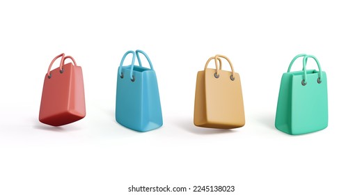 Juego de bolsas de papel 3d de colores. Comprar bolsas al estilo de las caricaturas realistas. Paquetes de regalo en colores rojo, azul, verde y marrón. Ilustración del vector aislada en blanco