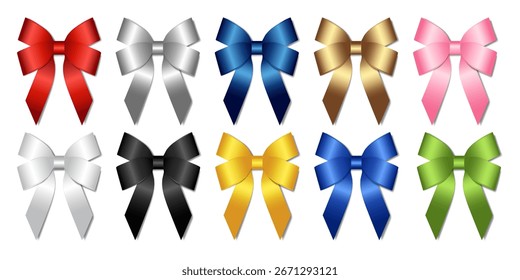 Conjunto de arco de fita brilhante colorido 3d na ilustração vetor fundo branco, presente decorativo, elemento para celebração, feriado, design de embalagem, dia dos namorados