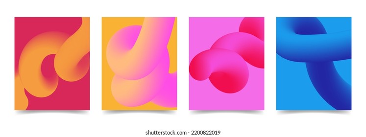 Set of 3d colorful twisted line shape on cover. Geometric design neon fluid gradient elements. Vector modern banner