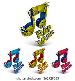 Set of 3d colorful vector shattered musical notes with specks and refractions. Dimensional facet design music demolished symbols collection. Rap music theme.