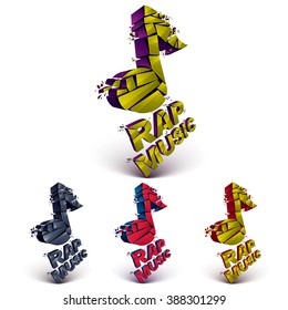 Set of 3d colorful vector shattered musical notes with specks and refractions. Dimensional facet design music demolished symbols collection. Rap music theme.