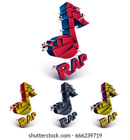 Set of 3d colorful vector shattered musical notes with specks and refractions. Dimensional facet design music demolished symbols collection. Rap music theme.