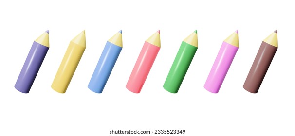 Conjunto de lápices de colores 3D aislados sobre fondo blanco. Iconos de suministros escolares. Ilustración vectorial de colección de lápiz.