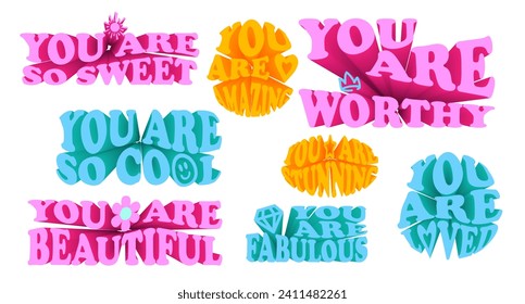 Set of 3D compliment phrases, self love quotes. Vector illustration