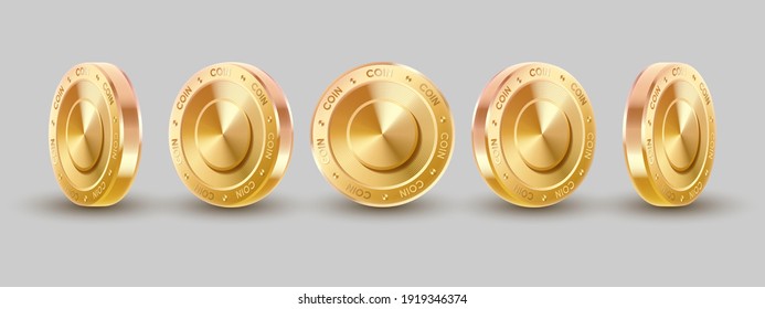 Juego de oro concepto 3d, monedas de oro, dogecoin, moneda cripto sobre fondo gris. Ilustración vectorial para tarjeta, fiesta, diseño, volante, afiche, decoración, banner, web, publicidad.