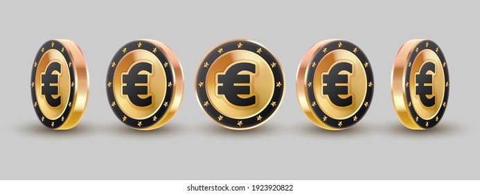 Set of 3d concept gold, golden coins, euro, currency with stars and black border on gray background. Vector illustration for card, party, design, flyer, poster, decor, banner, web, advertising.