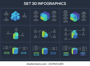 Set 3d concept for infographic with 3, 4, 5, 6, 7 steps, parts or processes. Template for web on a black background.