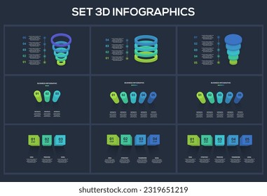 Set 3d concept for infographic with 3, 4, 5, 6 steps, parts or processes. Template for web on a black background.