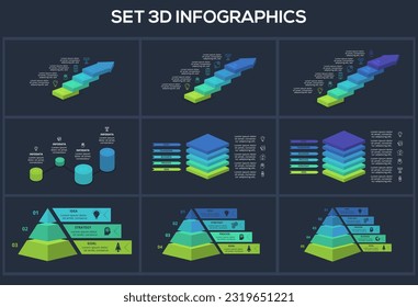 Set 3d concept for infographic with 3, 4, 5, 6 steps, parts or processes. Template for web on a black background.