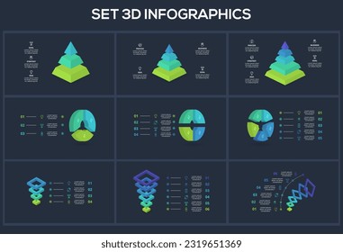 3d-Konzept für Infografiken mit 3, 4, 5, 6 Schritten, Teilen oder Prozessen. Vorlage für Web auf schwarzem Hintergrund.