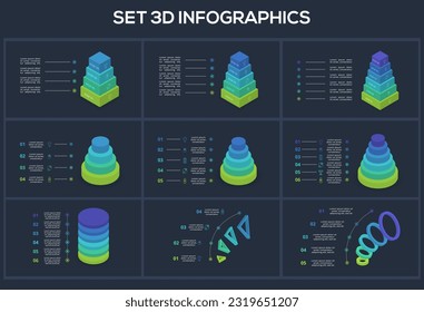 Set 3d concept for infographic with 4, 5, 6 steps, options, parts or processes. Template for web on a black background.