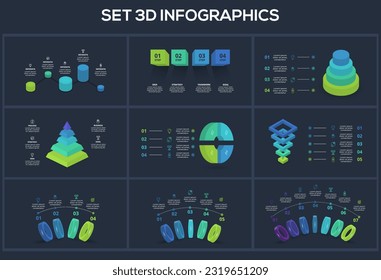 Set 3d concept for infographic with 4, 5, 6, 7 steps, parts or processes. Template for web on a black background.