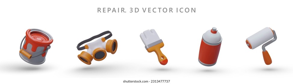 Conjunto de iconos de herramientas de construcción 3D. Imágenes realistas de color vector. lata con pintura, respirador, cepillo, aerosol, rodillo de pintura. Equipos de trabajo de pintores. Mercancías de reparación, construcción