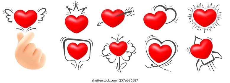 Set of 3d convex red hearts with various hand drawn creative elements for Valentines Day or any designs. Korean finger heart gesture. Vector illustration 