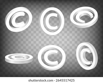 Set of 3d Copyright sign on transparent background. Copyright sign 3d icon illustration with different views and angles.  Abstract concept of graphic elements for your design