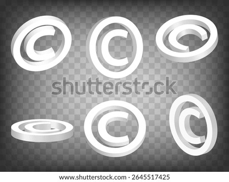 Set of 3d Copyright sign on transparent background. Copyright sign 3d icon illustration with different views and angles.  Abstract concept of graphic elements for your design