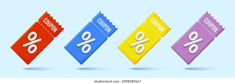 Set of 3d coupon. The percentage symbol on the 3D voucher is red, blue, yellow, and purple. Vector realistic coupon design for big sale, special offer, and discount vouchers. Vector illustration.