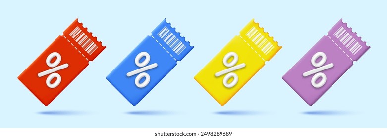 Set of 3d coupon. The percentage symbol on the 3D voucher is red, blue, yellow, and purple. Vector realistic coupon design for big sale, special offer, and discount vouchers. Vector illustration.