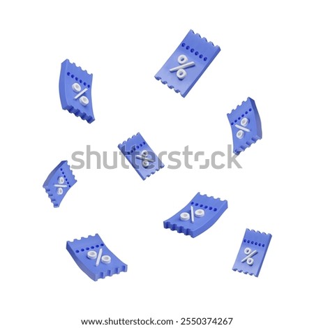 A set of 3D coupons with discount percentages and promo codes. The blue ticket design is isolated on a white background, ideal for events and sales.