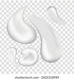 Set 3D Creams samples on isolated transparent background. Vector realistic illustration of skin care cosmetic product, smear of creamy textured substance.	
