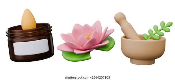 Set of 3D creative icons for spa business. Jar with aroma candle, lotus, mortar with pestle, herbs