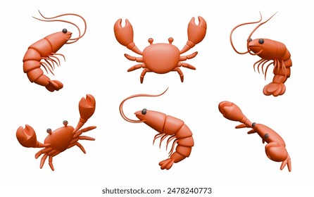 Set of 3D crustaceans. Vector shrimp and crab in different poses