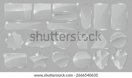 Set of 3d crystal glass shape, transparent geometric pattern symbol or hologram icon - heart, star, cloud, arrow, shield and speech bubble with holographic rainbow texture and iridescent glitter light