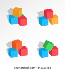 Set Of 3d Cube Combinations. Compositions Of Tree, Five Blocks. Association, Union, Join, Building, Logo, Project, Game Symbol. Colorful Icons With Shadow. Infographic Elements. Vector