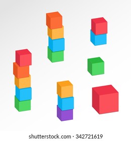 Set Of 3d Cube Combinations. Compositions Of Tree, Five Blocks. Association, Union, Join, Building, Logo, Project, Game Symbol. Colorful Icons With Shadow. Infographic Elements. Vector