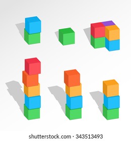 Set of 3d cube combinations. Perspective view. Towers of blocks. Union, join, disbalance, build, logo, project, game symbol. Colorful icons with shadow. Infographic elements. Vector