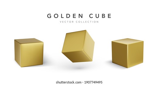 Set of 3d cubes with shadow. Golden blocks. Vector illustration