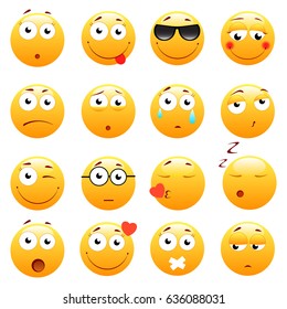 Set of 3d cute Emoticons. Emoji and Smile icons. Isolated on white background. vector illustration.