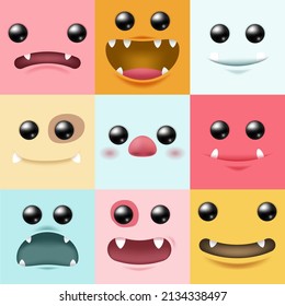 Un conjunto de pequeñas caras monstruosas lindas con diferentes emociones. adorable emoticono cuadrado de dibujos animados e iconos. Ilustración del vector