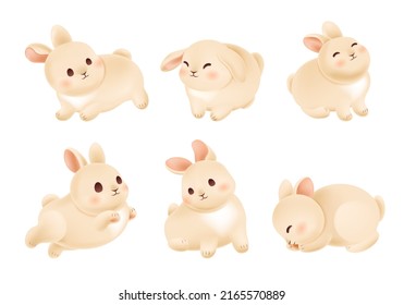 Set of 3d cute rabbits on white isolated background. Funny hares for Chinese mid autumn festival design. Vector illustration animals. Flying, sitting and standing bunny for decoration oriental holiday