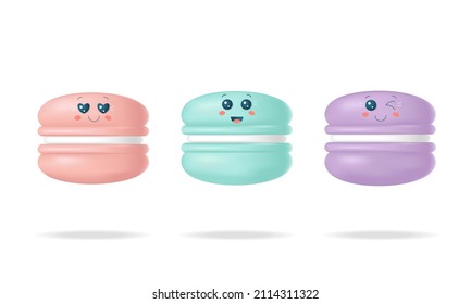 Set Of 3d Cute Soft Macaroon Cookies With Face Emotions Isolated On White Background. Vector Stock Illustration. 