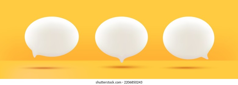 Conjunto de iconos 3D lindos de burbuja de habla blanca, aislados en fondo amarillo. Juego de iconos de chat 3D