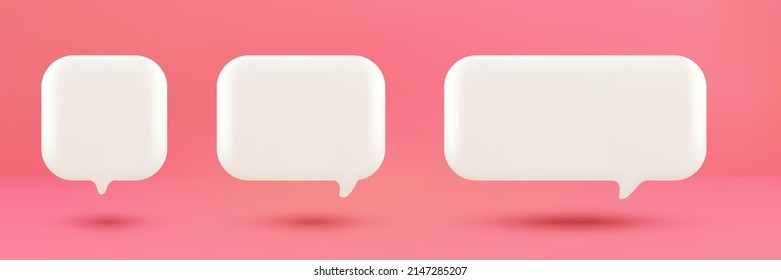 Conjunto de iconos 3D de tierno cuadrado de la burbuja de la voz blanca, aislados en un fondo pastel rosa. Juego de iconos de chat 3D