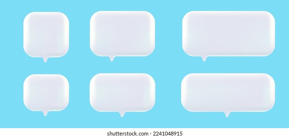 Set of 3D cute white square speech bubble icons, isolated on blue background. 3D Chat icon set 