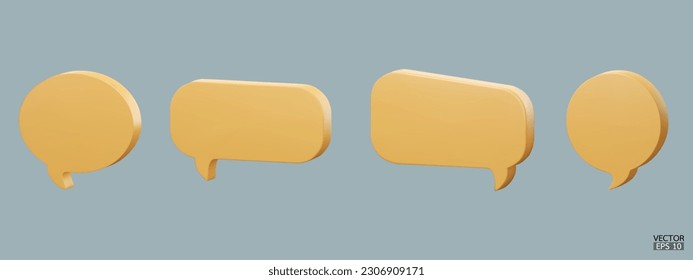 Set of 3D cute yellow speech bubble icons isolated on blue pastel background. Minimal blank Message bubbles icons. 3D Chat icon set. 3d vector illustration.