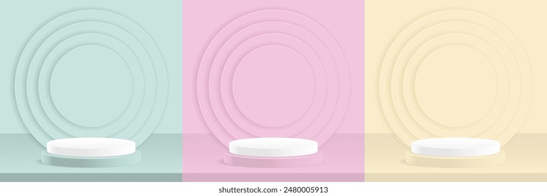 Set of 3d cylinder pedestal podium with pastel for product display on pink, green, yellow background. Product display presentation, mock up, show cosmetic.