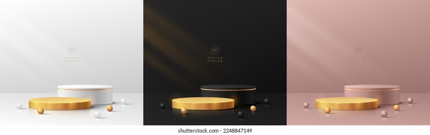 Set of 3D cylinder podium background with beads. Black, golden, silver and pink gold abstract luxury minimal wall scene for mockup products display. Round stage for showcase. Vector geometric forms.