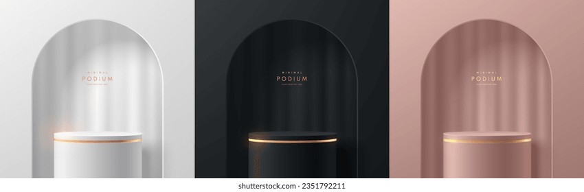 Set of 3D cylinder podium background. Black, silver, pink gold  soft curtain in arch gate. Mockup product display presentation. Minimal wall scene. Stage showcase. Platforms vector geometric design.