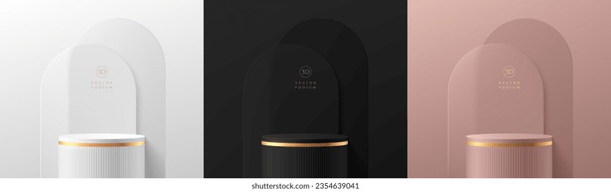 Set of 3D cylinder podium background. Black, silver, pink gold  and golden arch backdrop. Product display mockup presentation. Minimal wall scene. Stage showcase. Platforms vector geometric design.