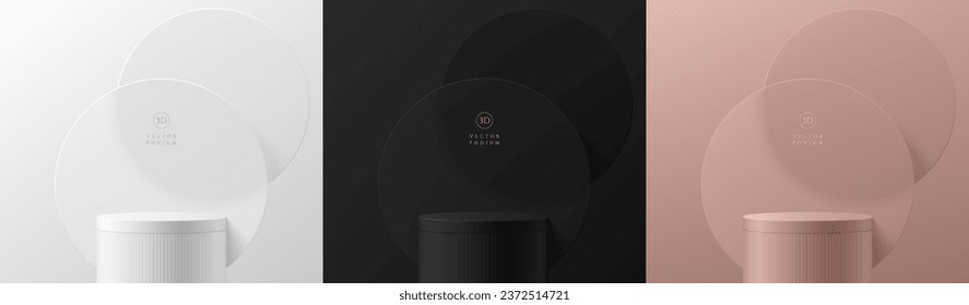 Set of 3D cylinder podium background. Luxury black, silver, pink circle overlap backdrop. Product display mockup presentation. Abstract minimal wall scene. Stage showcase. Platforms vector geometric.