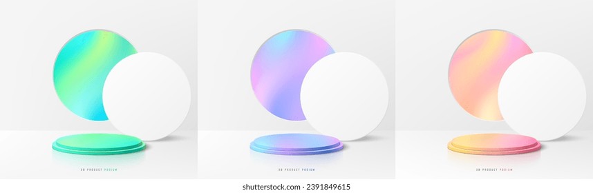 Set of 3D cylinder podium background with green, blue. pink and gradient colorful in circles window scene. Platforms mockup product display presentation. Abstract pedestal composition minimal design.