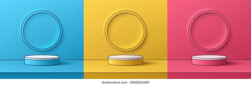 Set of 3D cylinder podium background with yellow, pink and blue color in cartoon comic manga style. Minimal mockup or product display presentation, Stage showcase. Platforms vector geometric design.